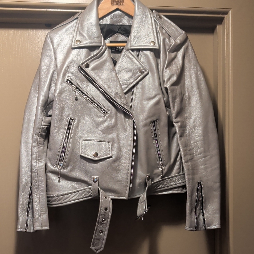 Metallic Silver Women's Leather Moto Jacket